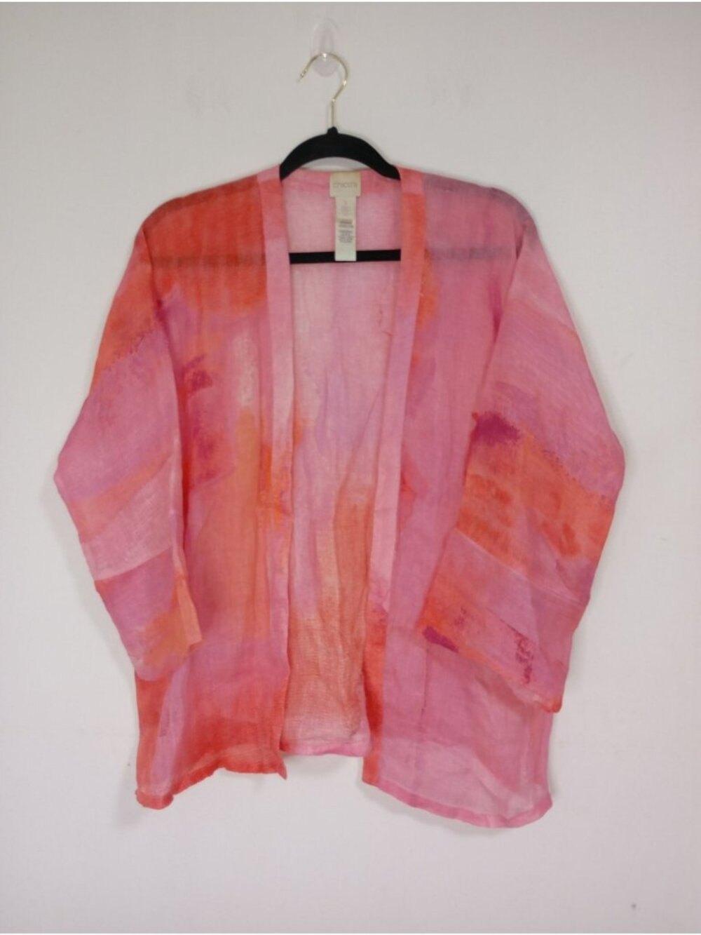 Chicos Kimono Cardigans 100% Linen Size 1 Pink & Red Lightweight Open Womens